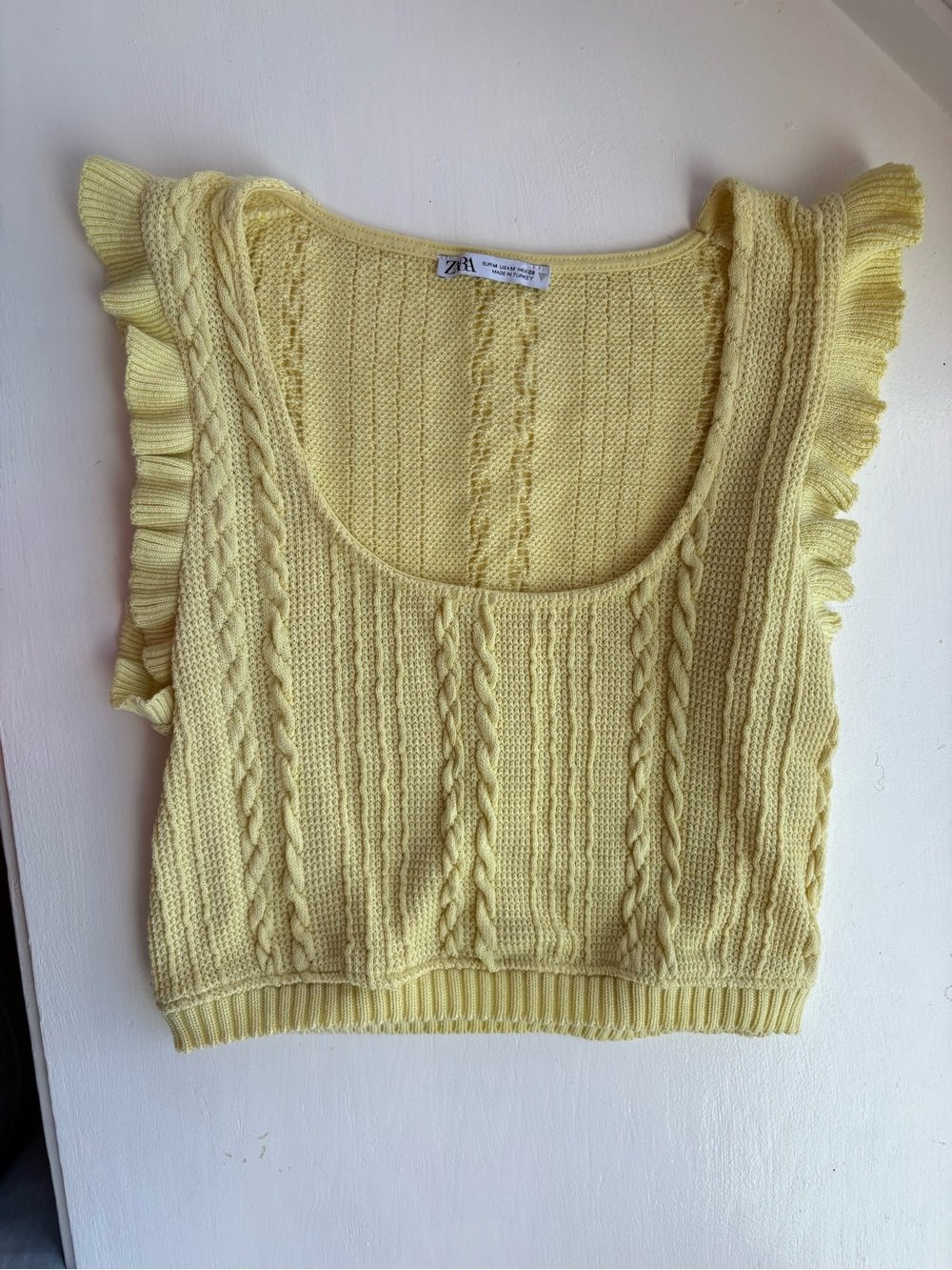 ZARA Pale Yellow Cable Knit Ruffle Sleeve Crop Top
